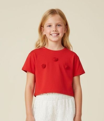 Remera Box Infantil con Aplicación de Flores en Ganchillo - Talle 5 a 14 años