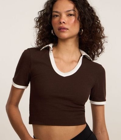 Blusa en Algodón con Cuello Polo Contrastante y Textura