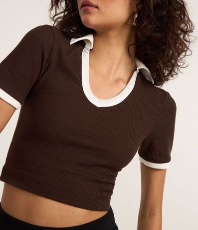 Blusa en Algodón con Cuello Polo Contrastante y Textura 3