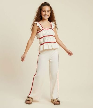 Pantalón Infantil Wide Leg en Anarruga con Aplicación de Sianinha - Talle 7 a 14 años