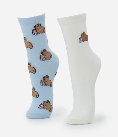 Kit 02 Medias Cano Mediano en Algodón con Estampa y Bordado Carpincho