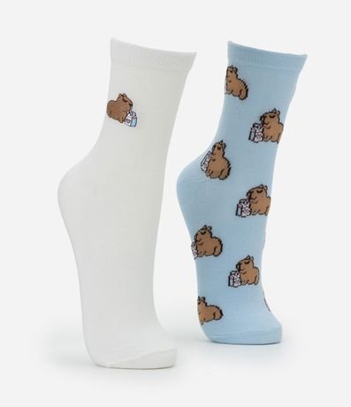 Kit 02 Medias Cano Mediano en Algodón con Estampa y Bordado Carpincho 2