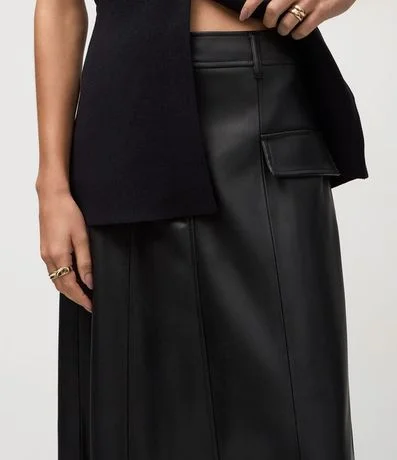 Pollera Evasê Midi en PU con Trabillas y Solapas Delanteras 4