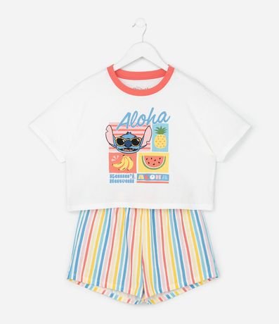 Pijama Corto Infantil con Estampa Rayada y Stitch - Talle 5 a 14 años