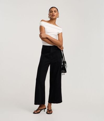 Pantalón Wide Leg Cropped en Jeans con Cintura Sastre