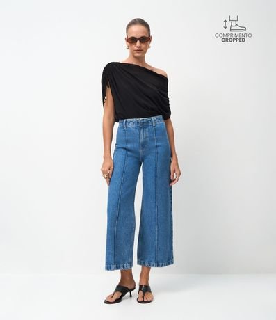 Pantalón Wide Leg Cropped en Jeans con Cintura Sastre