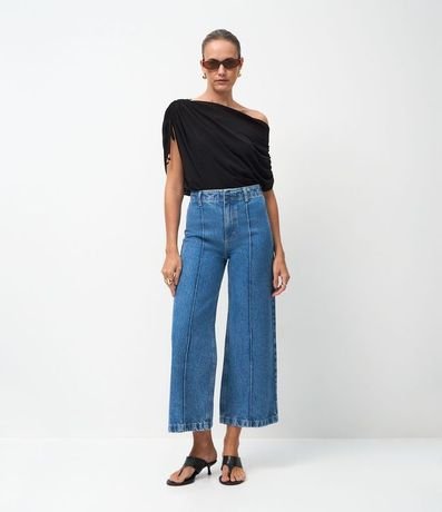 Pantalón Wide Leg Cropped en Jeans con Cintura Sastre