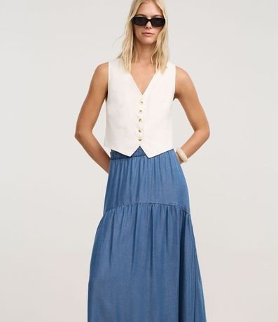 Pollera Evasê New Midi en Liocel con Recorte Fruncido 2