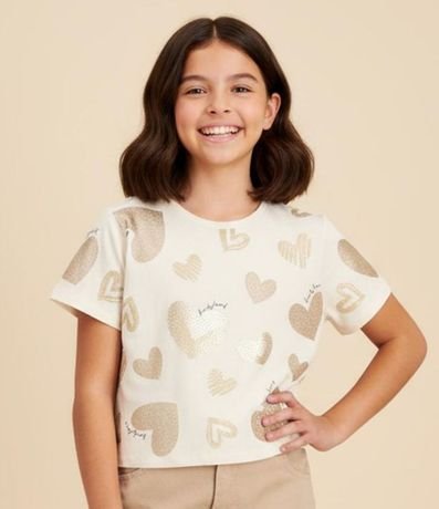Remera Infantil con Estampa de Corazones y Purpurina Tam - 5 a 14 años