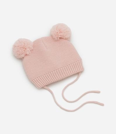Gorro Infantil en Efecto Punto con Pompón y Cuerditas - Talle RN a 12 Meses