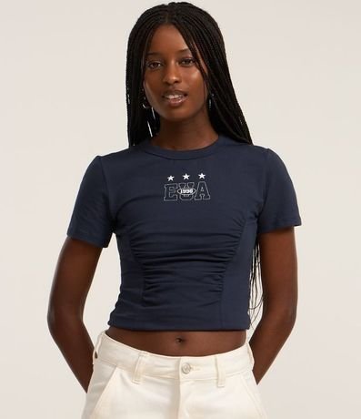 Blusa Baby Look en Algodón con Estampa Lettering EUA