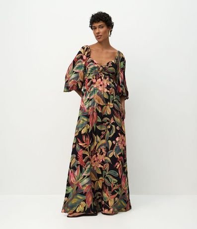 Vestido Midi en Viscosa con Estampado de Follaje