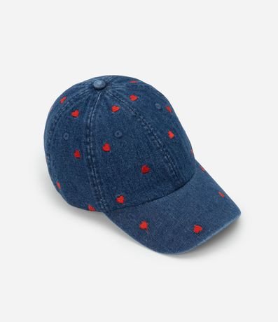 Gorra con Visera Curva en Jeans con Bordado de Corazones