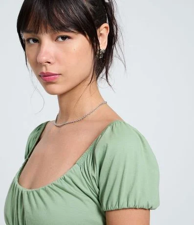 Blusa en Algodón con Manga Abullonada y Escote Abierto