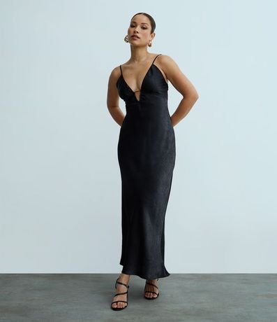 Vestido Sleep Dress New Midi Satinado con Escote Profundo