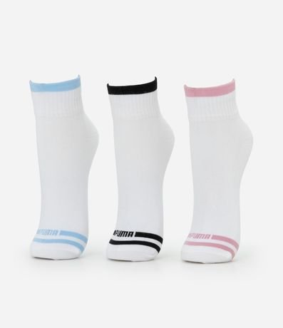 Kit 03 Medias Caña Corta Deportivas en Algodón con Raya y Punta Colorida Puma