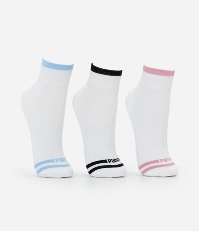 Kit 03 Medias Caña Corta Deportivas en Algodón con Raya y Punta Colorida Puma 2