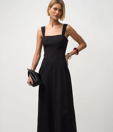 Vestido Midi con Breteles Anchos y Escote Cuadrado