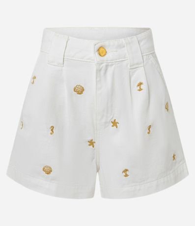 Short en Sarga con Pliegues y Bordados de Playa 5