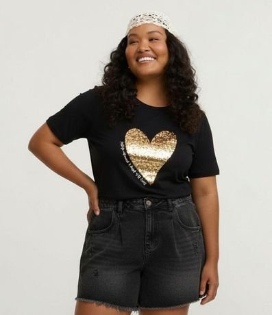 Remera en Algodón con Estampa de Corazón en Lentejuela Curve & Plus Size