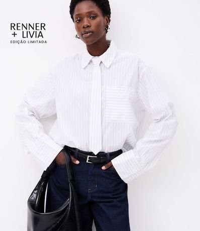 Camisa Maxi Oversized en Tricolina con Gravata y Rayas de Hilo Teñido