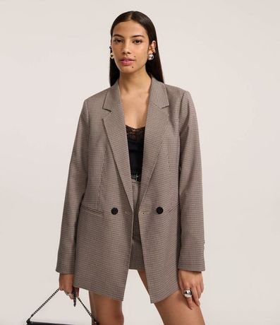 Blazer Alargado en Sastre con Estampa de Cuadros  Pied de Poule