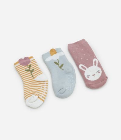 Kit 03 Medias Infantiles Estampadas con Antideslizante  - Talle RN a 12 Meses