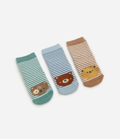 Kit 03 Medias Infantiles Rayadas con Cara de Animalito - Talle RN a 12 meses
