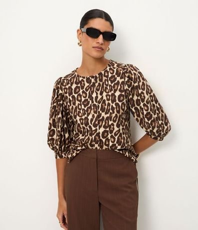 Blusa en Viscolino con Mangas Abullonadas y Estampado Animal Print
