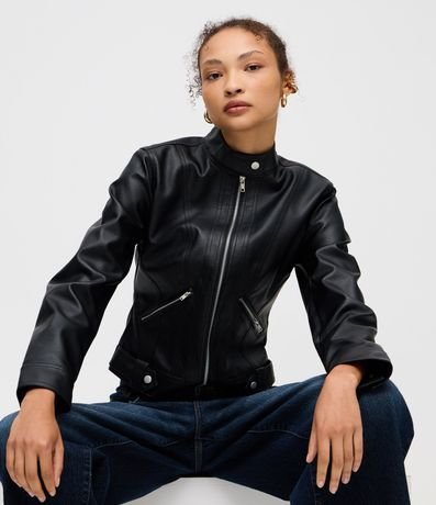 Campera en PU con Cuello Alto y Cremallera Delantera 1