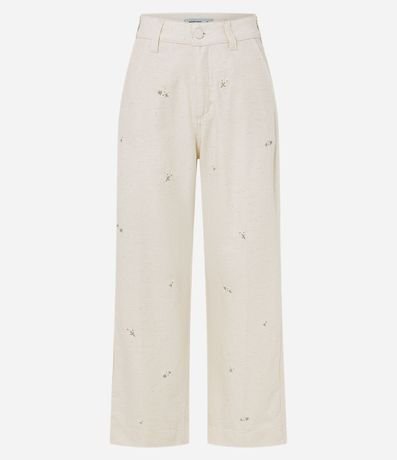 Pantalón Recto Cropped en Algodón con Bordado Floral