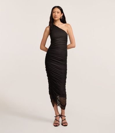 Vestido New Midi en Tule con Hombro Único y Fruncido Lateral