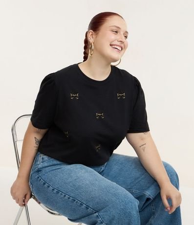 Remera en Algodón con Manga Abullonada y Lacitos Flocados Curve & Plus Size