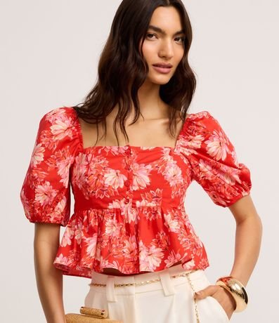 Blusa Peplum Cropped en Tricolina con Estampa Floral