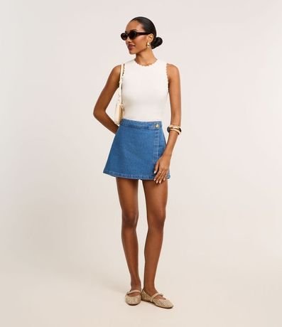 Short Pollera en Jeans Botón en Traspase Tipo Sobre