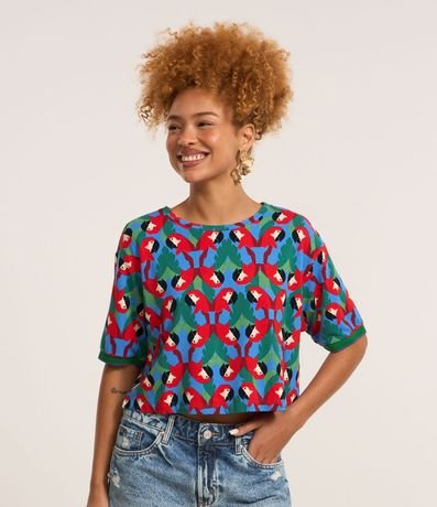 Blusa T-shirt en Viscosa con Estampa Tropical Geométrica