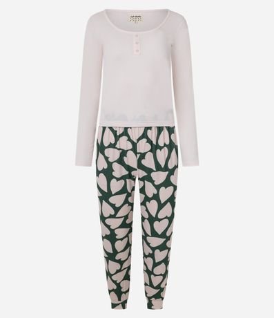 Pijama Largo en Rib con Estampado de Corazón 4