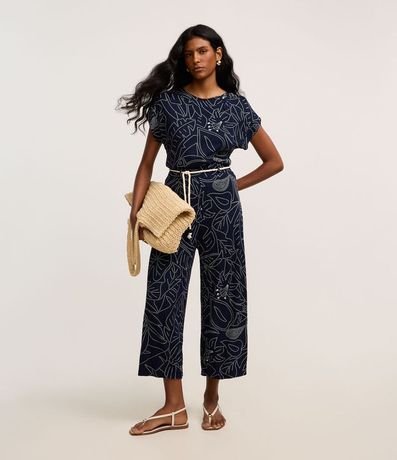Pantalón Recto Acanalada en Viscosa con Cinturón Cuerda y Estampa Follaje