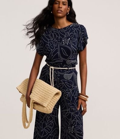 Pantalón Recto Acanalada en Viscosa con Cinturón Cuerda y Estampa Follaje 2