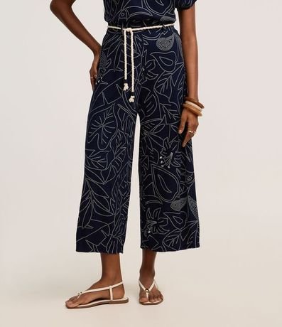 Pantalón Recto Acanalada en Viscosa con Cinturón Cuerda y Estampa Follaje 3