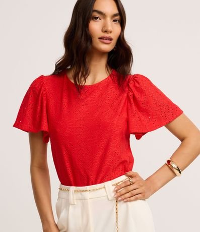 Blusa en Laise con Manga Abullonada y Bordado Cutout