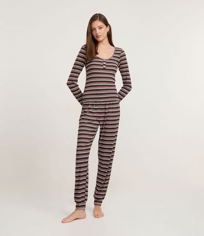 Pijama Largo en Rib con Estampado Rayada