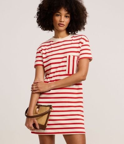 Vestido T-Shirt Corto en Cotton con Bolsillo y Rayas