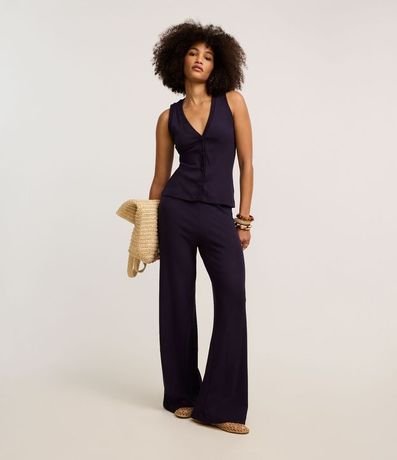 Pantalón Pantalona en Rib con Textura Acanalada y Cintura Elástica