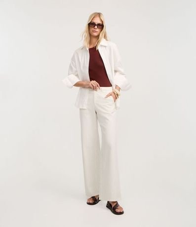 Pantalón Wide Leg Rayada en Sarga con Bolsillos