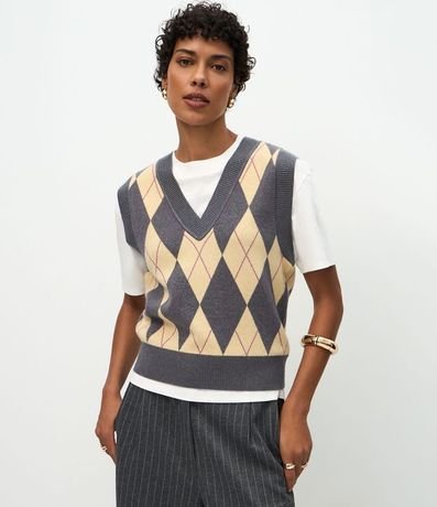 Chaleco Corto en Punto con Estampa de Cuadros