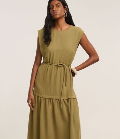 Vestido Evasê Midi en Viscolino con Cinturón Cuerda