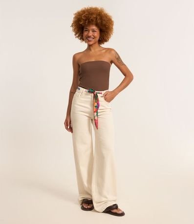 Pantalón Wide Leg en Sarga con Cinturón Pañuelo Estampado