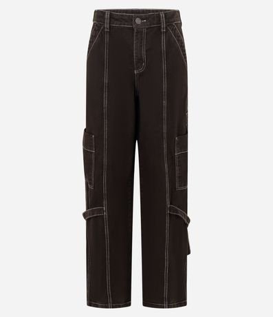 Pantalón Baggy en Sarga con Bolsillos Cargo y Costura Aparente