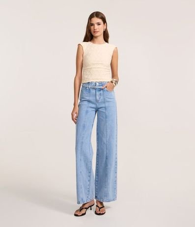 Pantalón Wide Leg Cintura Alta en Jeans con Cinturón de Tejido